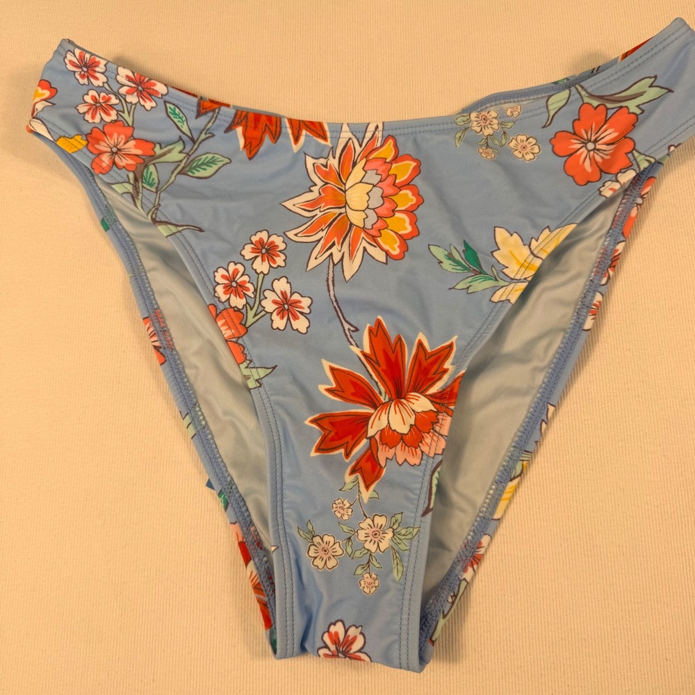 Cupshe Floral Bikini Set S Top M Bottom Blue Orange Ruffle Tie Front High Cut - Picture 3 of 16